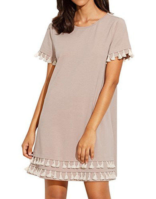 Romwe Womens Short Sleeve Summer Loose Tunic Casual Tassel Dress Apricot L Romwe Womens Short Sleeve Summer Loose Tunic Casual Tassel Dress Apricot L