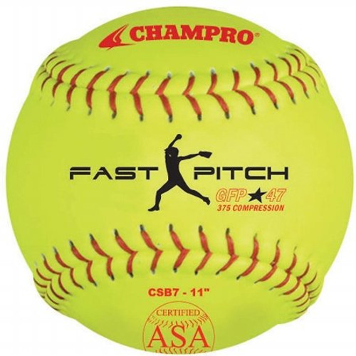 Champro Game ASA Fast Pitch .47 COR, 375 Compression, Poly Synthetic Cover, Red Stiches (Optic Yellow, 11-Inch), PACK OF 12