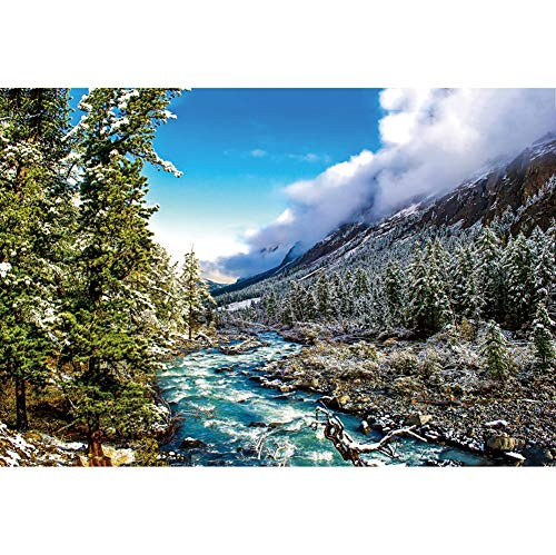 YongFoto 5x3ft Winter Snow Scene Backdrop for Photography Mountain Fir Trees Outdoor Nature Landscape Early Spring Melting Ice River Background White