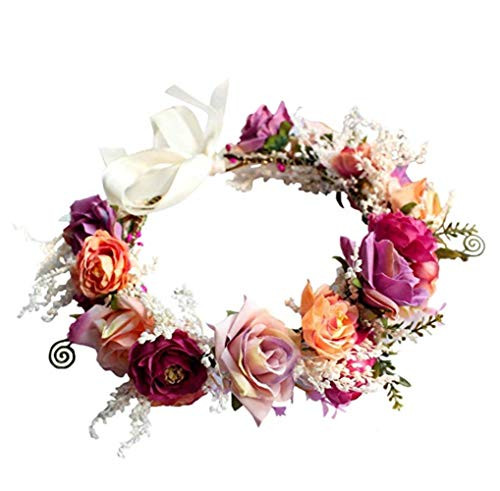 Adjustable Flower Headband Hair Wreath Floral Garland Bridal Crown Headpiece with Ribbon Boho Wedding Festival -Flower-