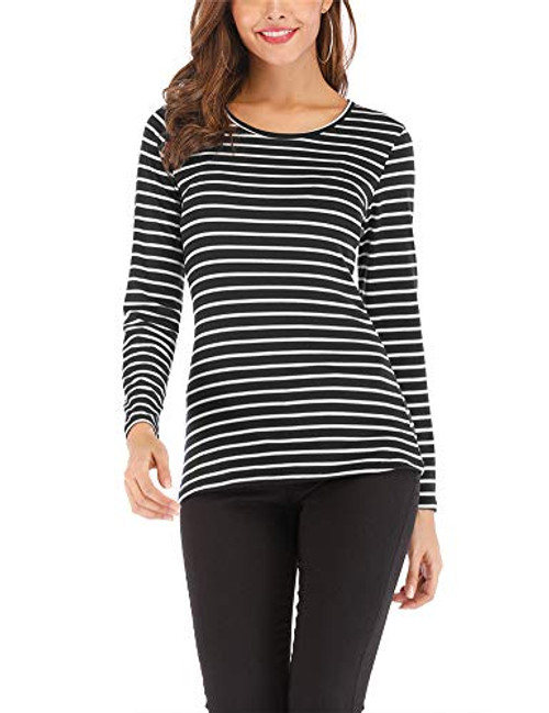 Dhuhuj Womens Casual Long Sleeve Striped T-Shirt Slim Fit Tops Blouses Black S