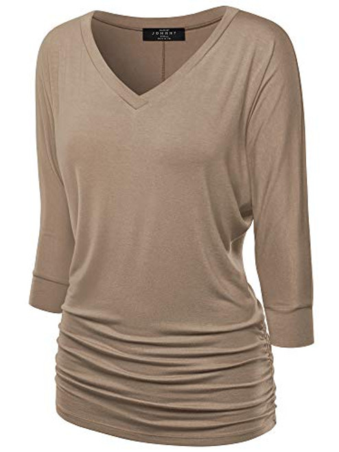 Made By Johnny MBJ WT1036 Womens V Neck 3-4 Sleeve Dolman Top with Side Shirring L Taupe