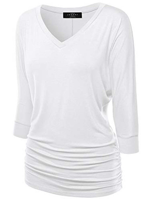 Made By Johnny MBJ WT1036 Womens V Neck 3-4 Sleeve Dolman Top with Side Shirring XXL White