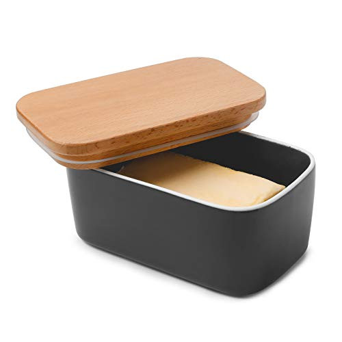 Sweese 303-113 Large Butter Dish - Airtight Butter Keeper Holds Up to 2 Sticks of Butter - Porcelain Container with Beech Wooden Lid  Grey