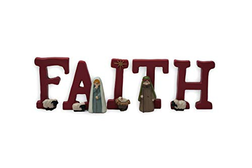 Blossom Bucket F-A-I-T-H Nativity Holy Family and Sheep Resin Christmas Decoration  5 Pieces  1-75 x 1-25 Inches