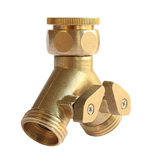PLG Solid Brass Garden Hose Splitter 2 Way Y Hose Conenctor and Shut Off Valve