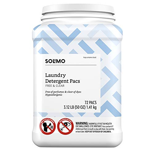 Amazon Brand - Solimo Laundry Detergent Pacs  Free and Clear  Hypoallergenic  Free of Perfumes Clear of Dyes  72 Count