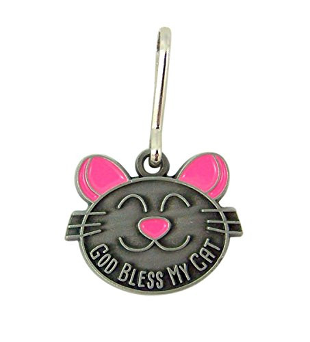 God Bless My Cat Brushed Pewter and Pink Enamel Pet Medal with Prayer Back  1 1-2 Inch