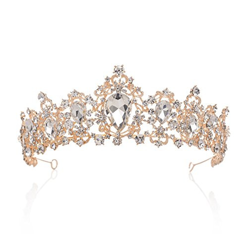 SWEETV Royal CZ Crystal Crown Bridal Tiara Princess Headpieces Wedding Hair Accessories  Clear-Rose Gold