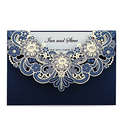 Doris Home Navy Blue Laser Cut Flora Lace Invitation Cards with Blank Inner Sheets and Envelopes for Wedding invitations, Bridal Shower, Engagement, Birthday, Baby Shower (50) (Blue 50pcs)