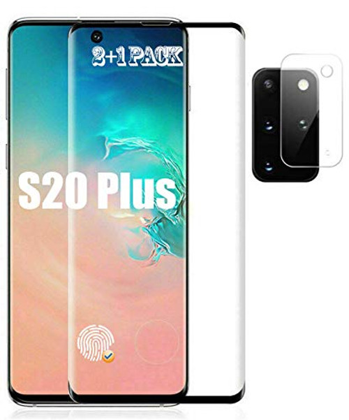 -2-1 Pack- Galaxy S20 Plus Screen Protector and Camera Lens Protector 9H Hardness Support Fingerprint Unlock 3D Full Coverage Case Friendly Tempered G