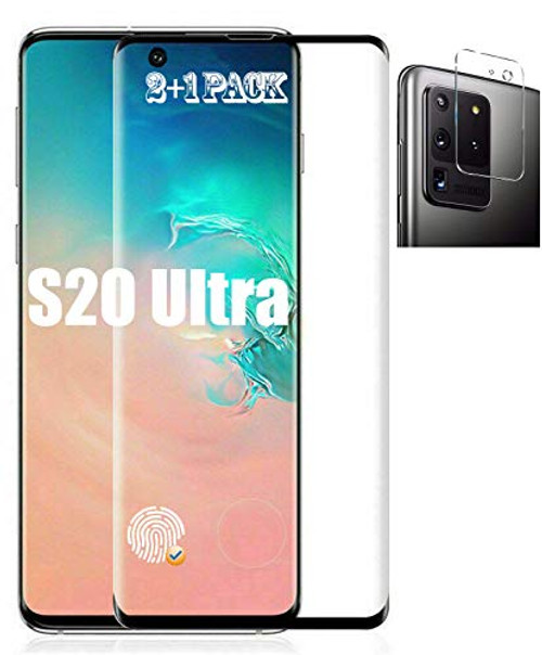 -2-1 Pack- Galaxy S20 Ultra Screen Protector and Camera Lens protector 9H Hardness Support Fingerprint Unlock 3D Full Coverage Case Friendly Tempered