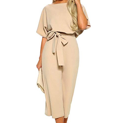 Summer Short Sleeves Jumpsuit Romper Elegant Cropped Wide Leg Jumpsuit with Belt for Women -Apricot XL-US 14--