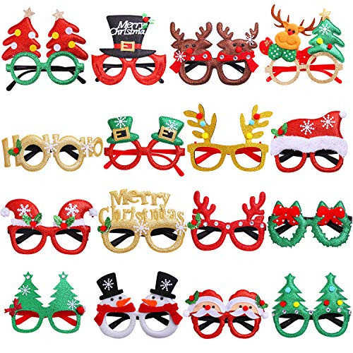 Aneco 16 Styles Glittered Christmas Party Glasses Christmas Costume Eyeglasses Frame Christmas Decoration Eyewear for Holiday Party Favors  16 Pieces