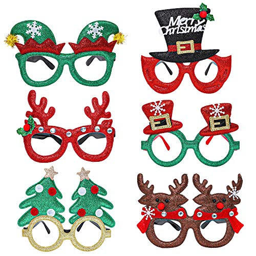 Aneco 6 Pack Christmas Glasses Frames Glitter Christmas Decoration Costume Eyeglasses Xmas Creative Eyewear for Holiday Costume Favors  Assorted Style