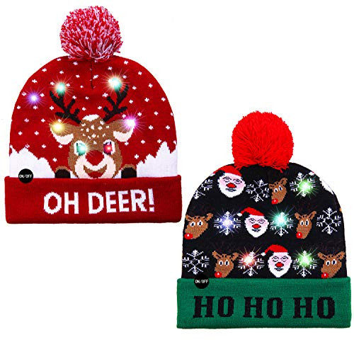 URATOT 2 Pack Christmas LED Light Up Beanie Hat Knitted Xmas LED Lights Hat Cap Ugly Christmas Sweater Hat for Christmas Costumes