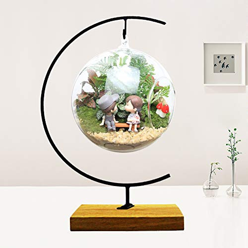 Ornament Display Stand Flower Plant Pot Stand Holder Iron Pothook Stand for Hanging Glass Terrarium -Wood-