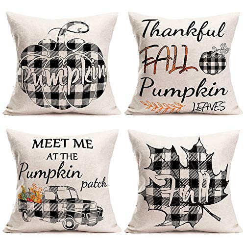 Doitely Fall Pillow Covers 18×18 Inch for Fall Decor Set of 4 Farmhouse Buffalo Plaid Pillow Covers Autumn Pumpkin Home Cotton Linen Pillow Case for S