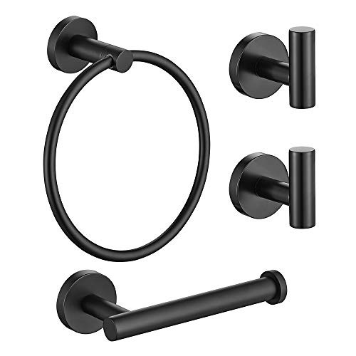 Lairuier Bathroom Hardware Set  Matte Black Stainless Steel 4-Piece Include Hand Towel Ring Toilet Paper Holder and 2 Robe Towel Hooks? Bathroom Wall
