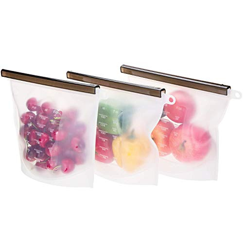 Reusable Silicone Food Storage Bags  Sandwich  Sous Vide  Liquid  Snack  Lunch  Fruit  Freezer Airtight Seal - BEST for preserving -3-Large 50oz- 3 pa