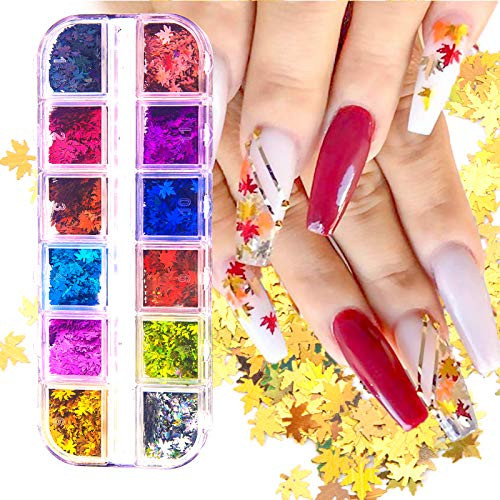 SAVITA 12 Colors Fall Weed Leaf Nail Glitter Sequins  Maple Leaf Holographic Glitter Flakes Nail Art Sticker Decals Manicure Nail Art Decoration