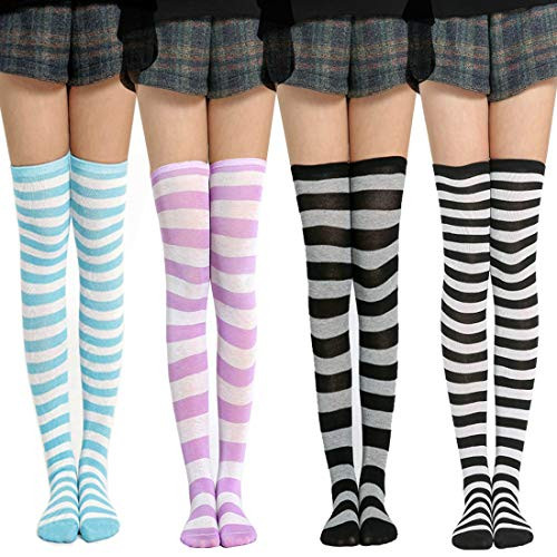 TianBo 3-4 Pairs Womens Thigh High Socks Cotton Striped Over the Knee Socks Long Knee High Socks for Women girl -G-4 pairs- TianBo 3-4 Pairs Womens Thigh High Socks Cotton Striped Over the Knee Socks Long Knee High Socks for Women girl -G-4 pairs-