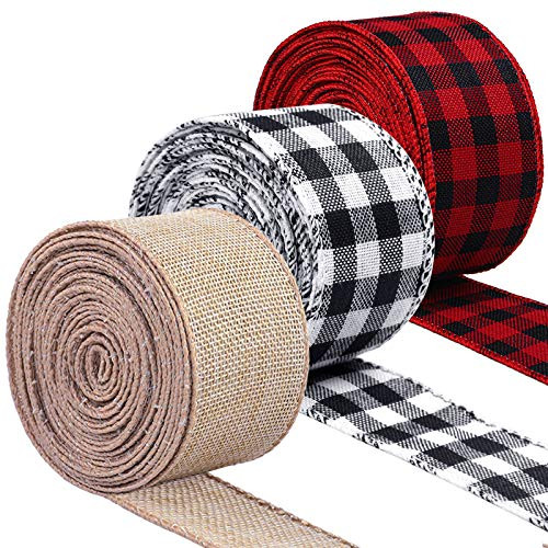 URATOT 3 Rolls Christmas Burlap Ribbon Plaid Wired Ribbon Gingham Wrapping Ribbon for Christmas Decoration  Floral Bows Craft