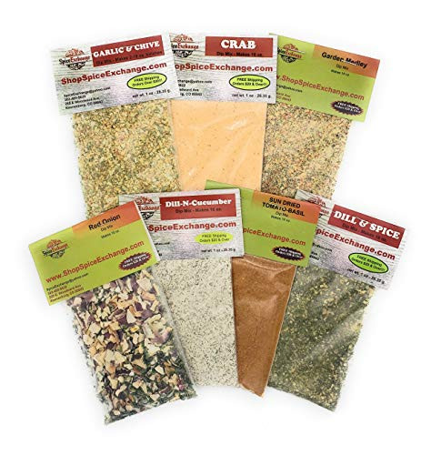 Spice Exchange 7 Dip Garden Dip Mix Variety Pack - Red Onion Dip Mix - Garlic and Chive Dip Mix - Crab Dip Mix - Garden Medley Dip - Dill-N-Cucumber Dip