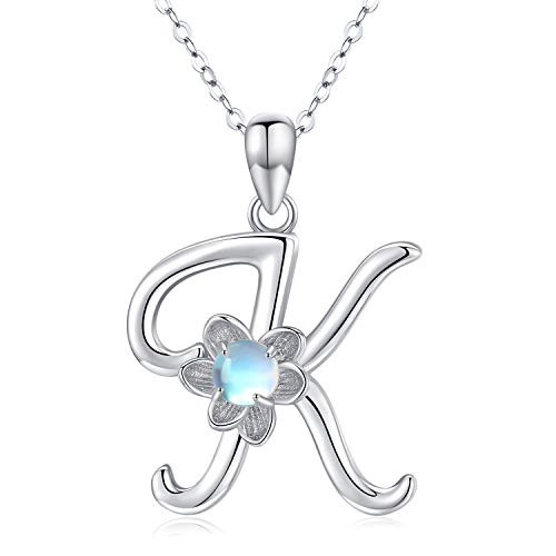 CHENGHONG K Initial Necklaces 925 Sterling Silver Moonstone Necklace with Lotus Letters 26 Alphabet Pendant Necklace Jewelry