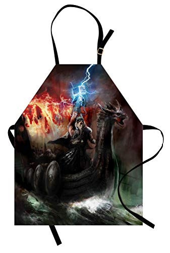 Ambesonne Dragon Apron  Imaginary Wrath of Vikings Royal Boat with Dragon Head Storm Rays  Unisex Kitchen Bib with Adjustable Neck for Cooking Gardeni
