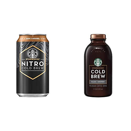 Starbucks Nitro Cold Brew  Dark Caramel  9-6 Fl oz Can -8 Pack- and Cold Brew Coffee  Black Unsweetened  11 oz Glass Bottles  6 Count