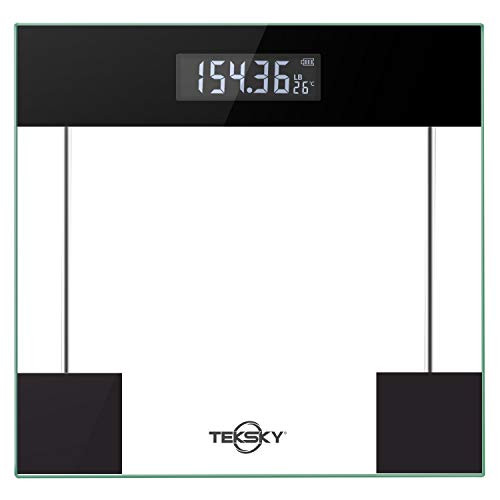 TekSky Digital Body Weight Scale with Step-On Technology - High Precision - Body Tape Measure - 6mm Tempered Glass -MAX 400 lbs- Elegant Black-