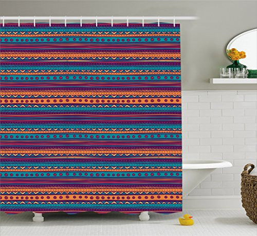 Ambesonne Tribal Shower Curtain, Striped Retro Aztec Pattern with Rich Mexican Ethnic Color Folkloric Print, Fabric Bathroom Decor Set with Hooks, 75 Inches Long, Teal Plum and Orange