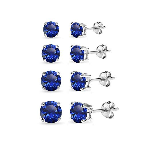 4 Pair Set Sterling Silver Created Blue Sapphire Round Stud Earrings for Women  3mm 4mm 5mm 6mm