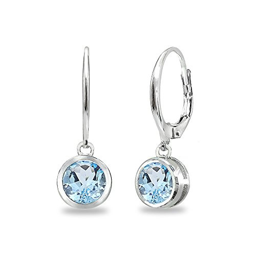 Sterling Silver Blue Topaz 6mm Round Bezel-Set Dangle Leverback Earrings for Women Teen Girls