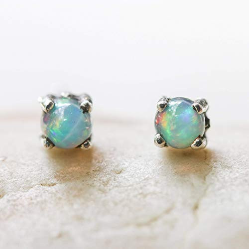 Sterling silver stud earrings with opal cabochon in prongs setting with sterling silver post and backing