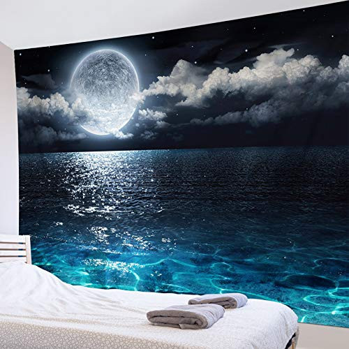LB Night Sky Tapestry Full Moon on Sea Tapestry Wall Hanging Fantasy White Cloud Tapestry Watercolor Tapestry Wall Art for Bedroom Living Room Dorm Wa