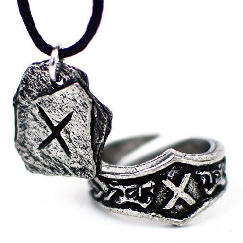 Unisex Viking Pewter Rune Pendant and Matching Adjustable Runic Ring Gift Set  -G - Gebo-