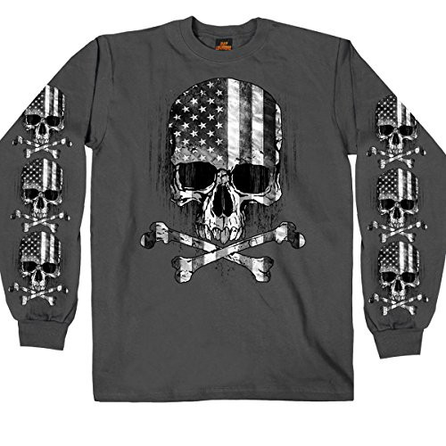 Hot Leathers Mens Long Sleeve Flag Skull Shirt -Charcoal  XXX-Large-