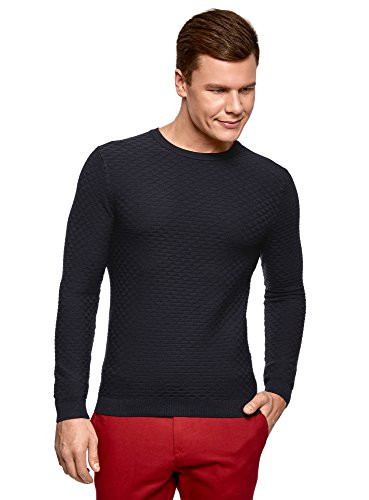 oodji Ultra Mens Textured Round Neck Pullover  Blue  US 46 - EU 56 - XL