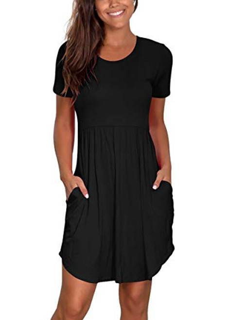 Atizon Womens Summer Casual Crew Neck Short Sleeve Midi Dresses with Pockets Empire Waist Dress Black