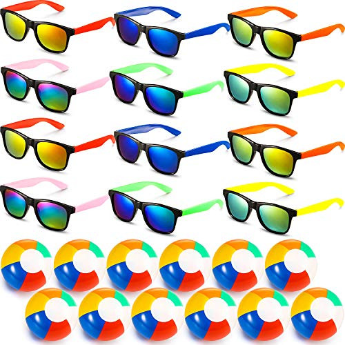 Summer Party Favors Set Include 12 Piece Inflatable Beach Balls and 12 Pieces Neon Party Sunglasses Great Beach and Pool Parties Supplies Water Toys f