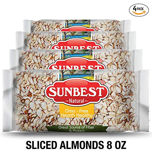 SUNBEST Natural Sliced Almonds  Non-GMO  Certified Kosher  Gluten Free  Sugar Free  Vegan  Keto and Paleo Friendly  Pack of 4  8 oz Individual Bags