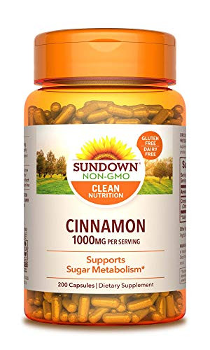 Cinnamon Capsules by Sundown  Support Sugar Metabolism  Non-GMO  Free of Gluten  Dairy  Artificial Flavors  1000 mg  200 Capsules