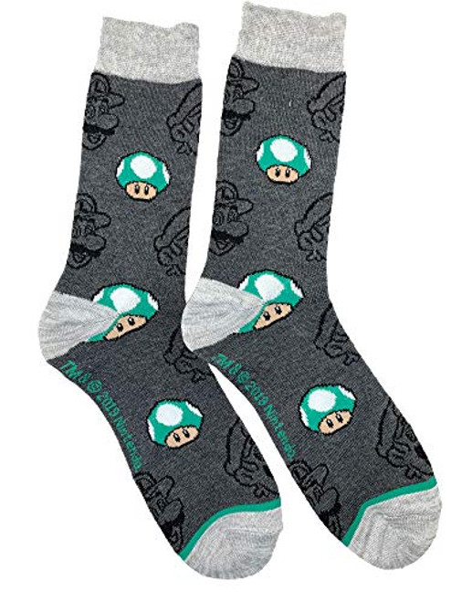 Super Mario Bros Luigi and Mushroom Crew Sock Pair Grey Super Mario Bros Luigi and Mushroom Crew Sock Pair Grey