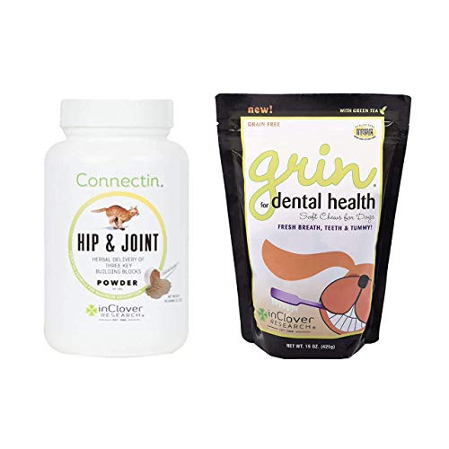In Clover Connectin Hip and Joint Powder Supplement for Cats -3-2 Oz- and Grin Daily Dental Care Chews for Dogs -15 Oz-