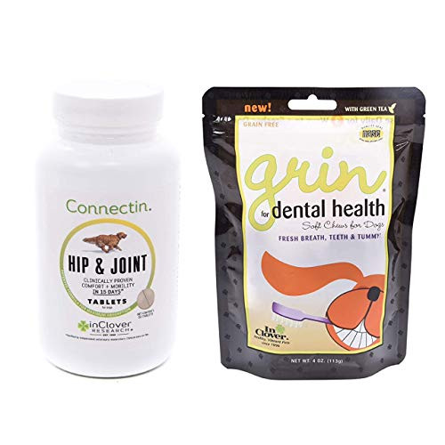 In Clover Connectin Hip and Joint Tablet Supplement for Dogs -50 Count- and Grin Daily Dental Care Chews for Dogs -4 Oz-