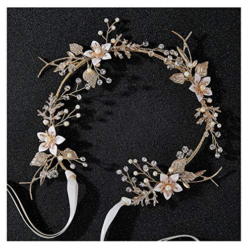 SWEETV Gold Wedding Headband Flower-Leaf Bridal Headpieces for Wedding Crystal Pearl Hair Accessories for Brides Hair Vine