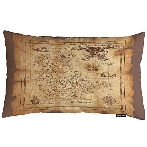 Swono Map Throw Pillow Cover Treasure Map and Pirate Emblem Sailboat Compass On A Ruined Old Parchment Cotton Linen Decorative Rectangular Pillowcase
