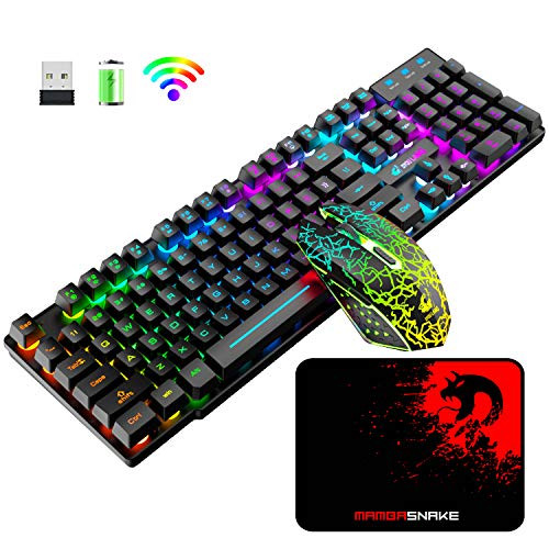 Wireless Gaming Keyboard and Mouse Rechargeable Rainbow Backlit Keyboard Mouse with 3800mAh Battery Mechanical Feel Gaming Keyboard 7 Color Gaming Mut